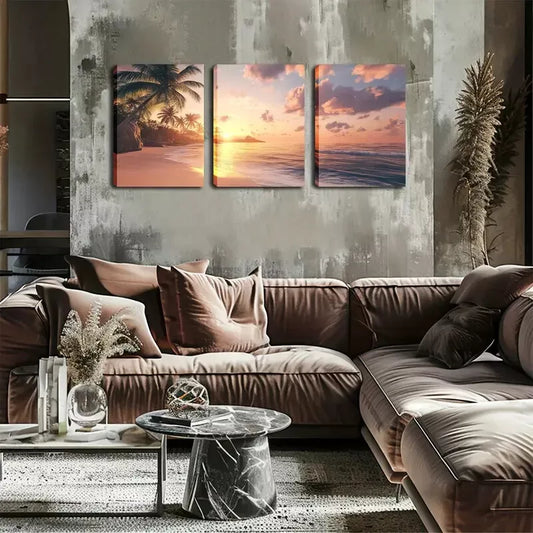 3pcs Coastal Sunset with Coconut Trees Wall Art Set Canvas Framed 40x60cm - High Quality Print 100% Australian Made Wall Canvas Ready to Hang