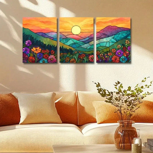 3pcs Vibrant Sunset Mountain Landscape with Floral Metal Print Ready to Hang Art