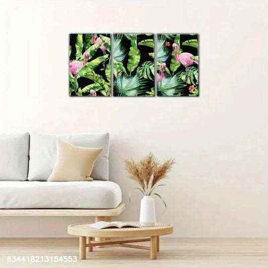 3pcs Tropical Flamingo & Exotic Leaves Metal Print Ready to Hang Art