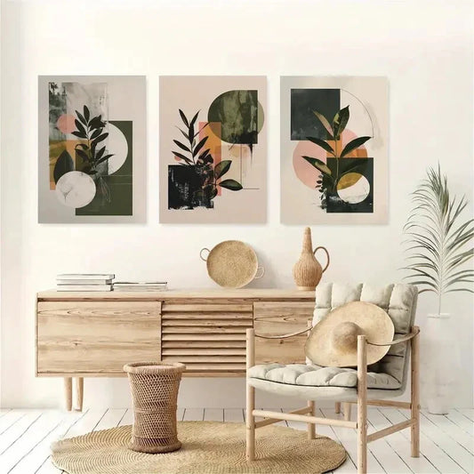 3pcs Abstract Botanical Earth Tone Boho Design Metal Print Ready to Hang Art