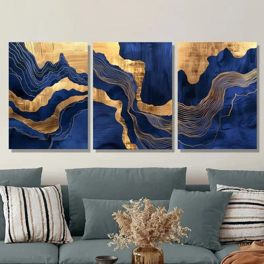 3pcs Abstract wavy blue marble and gold gilt Metal Print Ready to Hang Art