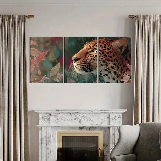 3pcs Artistic Leopard Portrait Floral Surroundings Metal Print Ready to Hang Art
