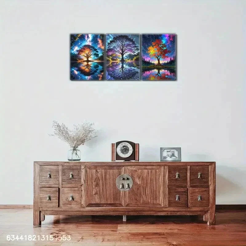 3pcs Elegant Fortune Tree Wall Art Colorful Metal Print Ready to Hang Art