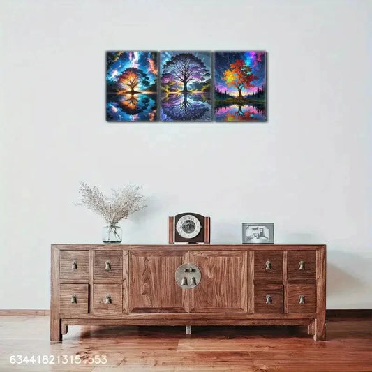 3pcs Elegant Fortune Tree Wall Art Colorful Metal Print Ready to Hang Art