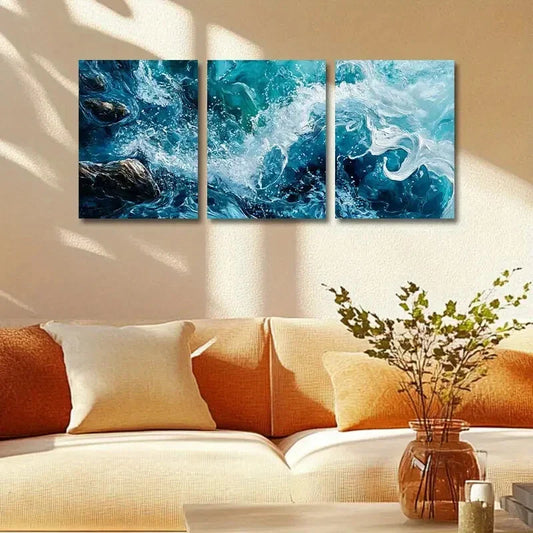 3pcs Waves Crashing against Rocks Metal Print Ready to Hang Art