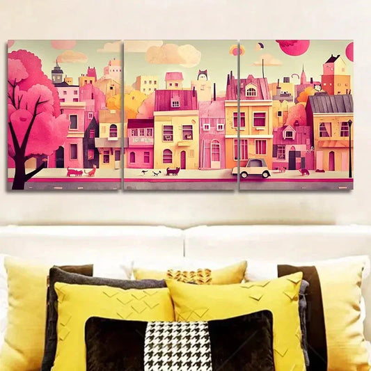 3pcs City with Cats and Dogs, Wall Art Set Canvas Framed 40x60cm - High Quality Print 100% Australian Made Wall Canvas Ready to Hang