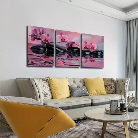 3pcs Water, Pebbles, Orchids, Wall Art Set Canvas Framed 40x60cm - High Quality Print 100% Australian Made Wall Canvas Ready to Hang