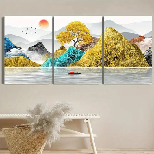 3pcs Golden And Blue Landscape Painting Metal Print Ready to Hang Art