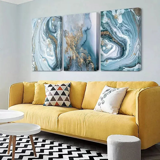 3pcs Blue & Golden Abstract Watercolor Wall Art Set Canvas Framed 40x60cm - High Quality Print 100% Australian Made Wall Canvas Ready to Hang