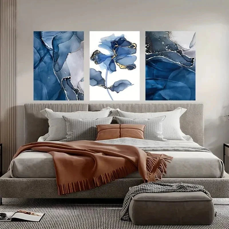 3pcs Abstract Blue Flower & Waterfall Metal Print Ready to Hang Art