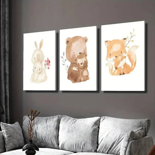 3pcs artoon Bunny & Bear Family, Cute Animal Wall Art Set Canvas Framed 40x60cm - High Quality Print 100% Australian Made Wall Canvas Ready to Hang