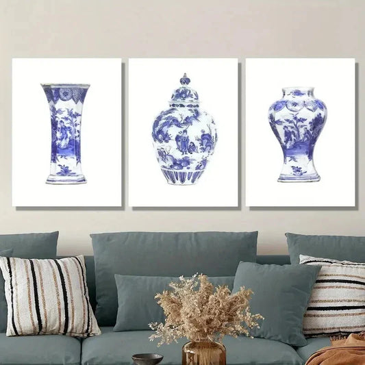 3pcs Elegant Chinese-Style Vase Designs Metal Print Ready to Hang Art