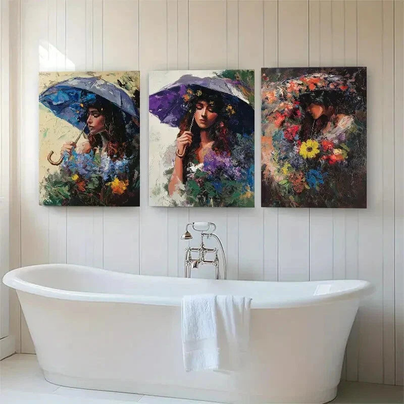 3pcs Women Umbrella & Flower Portraits Perfect Wall Art Set Canvas Framed 40x60cm - High Quality Print 100% Australian Made Wall Canvas Ready to Hang