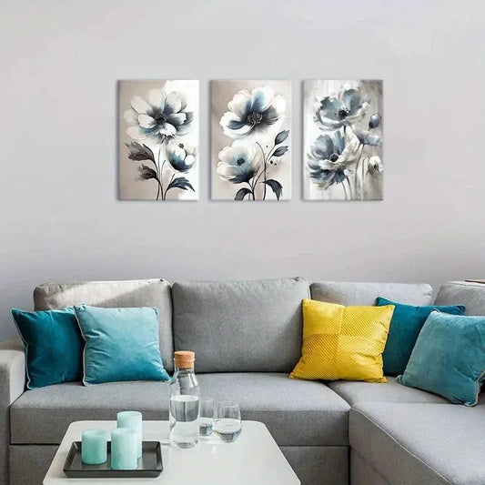 3pcs Abstract Blue and White Wildflower Metal Print Ready to Hang Art