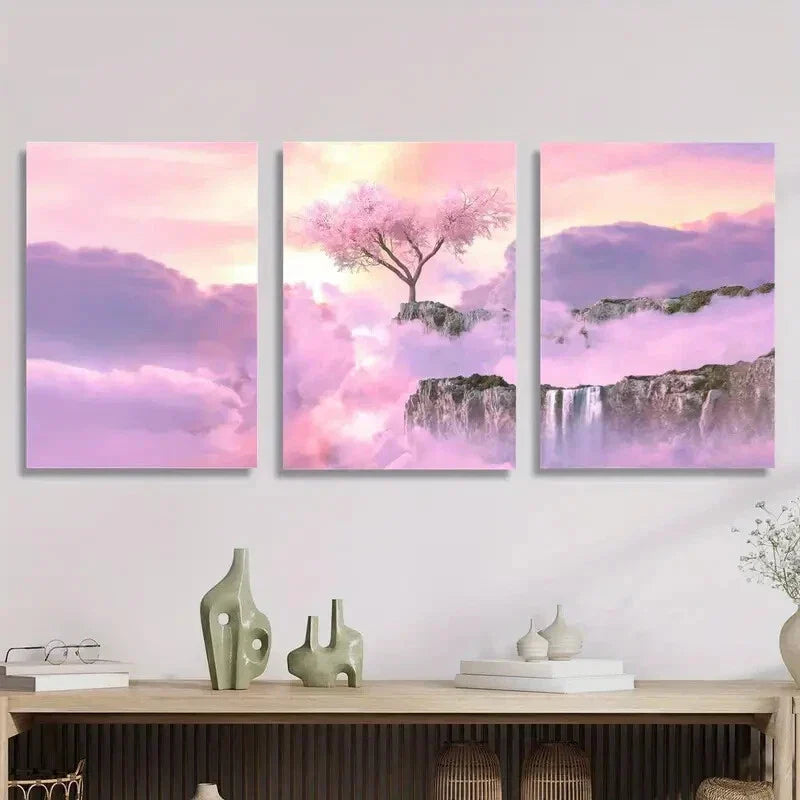 3pcs Landscape with Waterfalls Cherry Blossoms Metal Print Ready to Hang Art