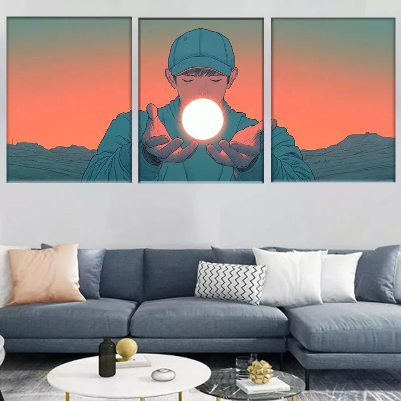 3pcs Boy Holding Glowing Sphere in Desert Wall Art Set Canvas Framed 40x60cm - High Quality Print 100% Australian Made Wall Canvas Ready to Hang