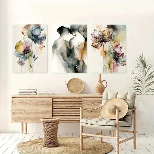 3pcs Romantic Couple and Flowers Metal Print Ready to Hang Art