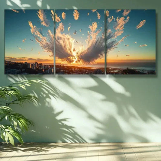 3pcs Cape Town Sunset with Angel Wings & Feathers Metal Print Ready to Hang Art