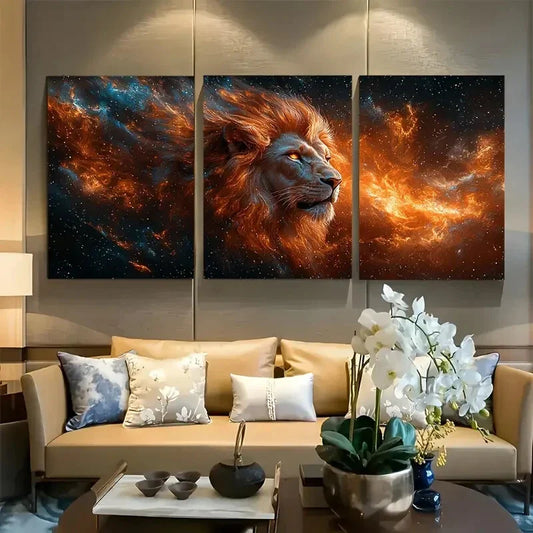 3pcs Majestic Fiery Lion with Cosmic Metal Print Ready to Hang Art