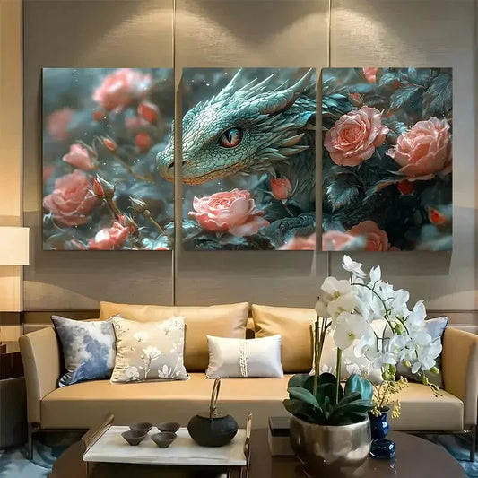 3pcs Fantasy Enchanting Green Dragon & Roses Metal Print Ready to Hang Art