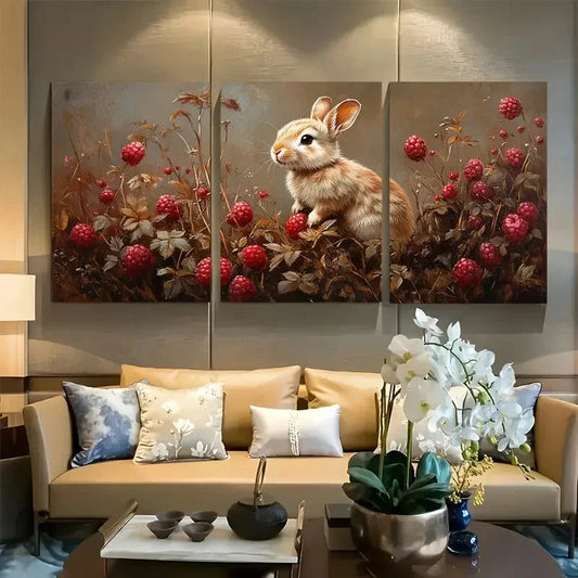 3pcs Adorable Bunny in Raspberry Bush Metal Print Ready to Hang Art