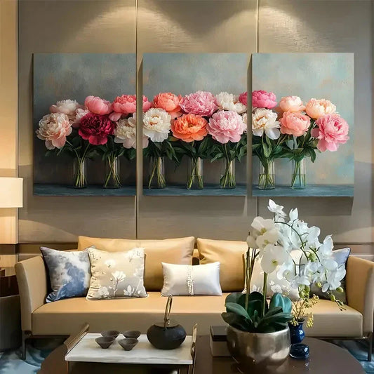 3pcs Peony Flower Bouquet Design Metal Print Ready to Hang Art