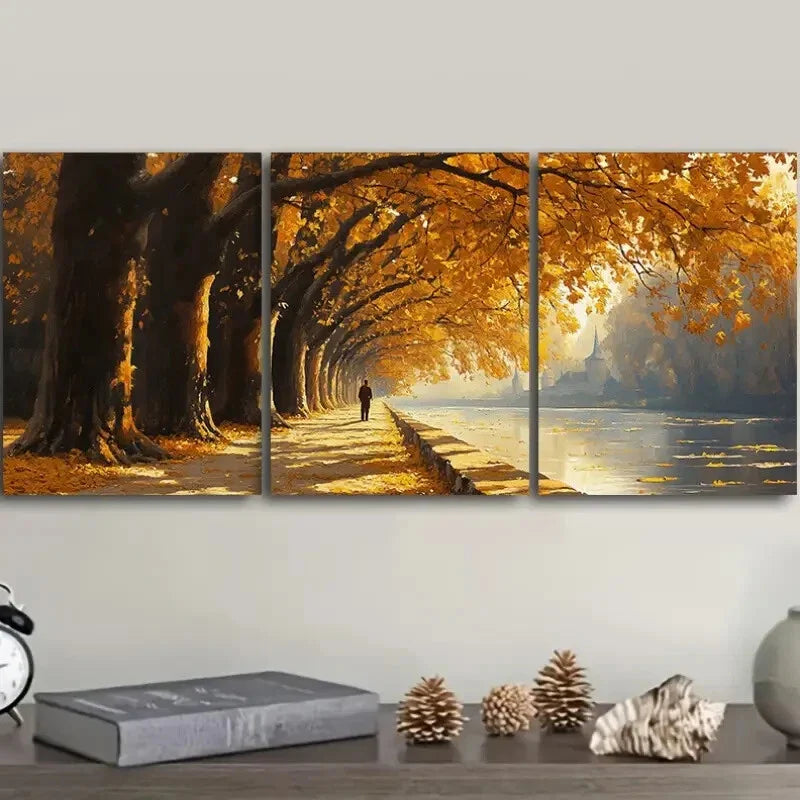 3pcs Golden autumn trees along the river Wall Art Set Canvas Framed 40x60cm - High Quality Print 100% Australian Made Wall Canvas Ready to Hang