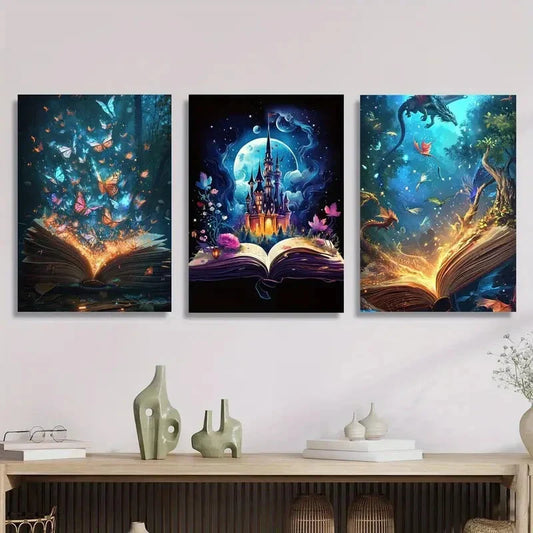 3pcs magic book with magical butterflies, Metal Print Ready to Hang Art