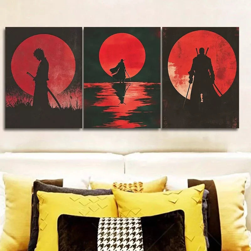 3pcs Samurai Red Moon Dark Background Lonely Wall Art Set Canvas Framed 40x60cm - High Quality Print 100% Australian Made Wall Canvas Ready to Hang