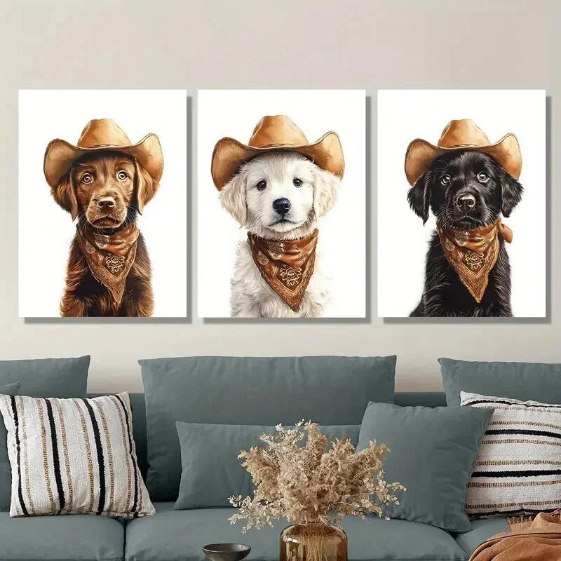 3pcs Dog, cowboy hat, portrait, Metal Print Ready to Hang Art