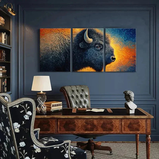 3pcs Abstract Bison Art Vibrant Colors Swirl Metal Print Ready to Hang Art