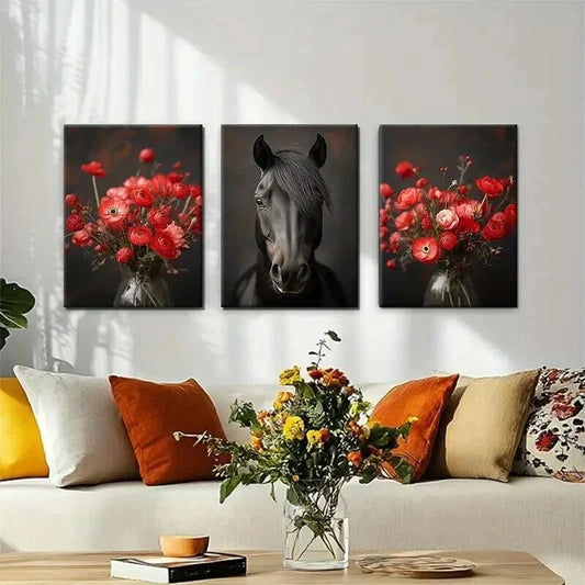 3pcs Majestic Black Horse and Red Floral Perfect Wall Art Set Canvas Framed 40x60cm - High Quality Print 100% Australian Made Wall Canvas Ready to Hang