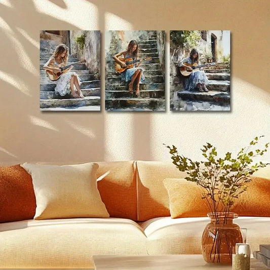 3pcs Featuring a Woman Playing The Guitar Metal Print Ready to Hang Art