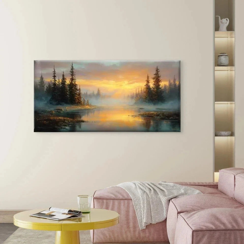 Golden Sunlight & Pine Trees Wall Art Canvas Office Home Room Framed 80x45cm