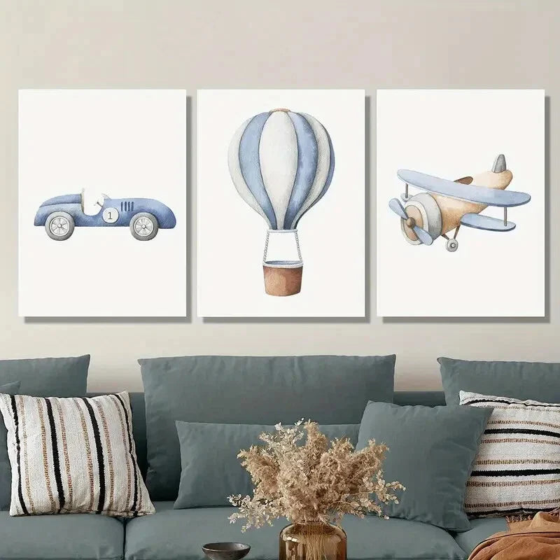 3pcs Cartoon vehicles, cars, hot air balloons Wall Art Set Canvas Framed 40x60cm - High Quality Print 100% Australian Made Wall Canvas Ready to Hang
