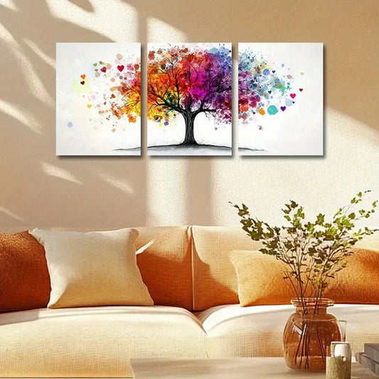 3pcs Tree Design with Vibrant Leaves & Hearts Metal Print Ready to Hang Art