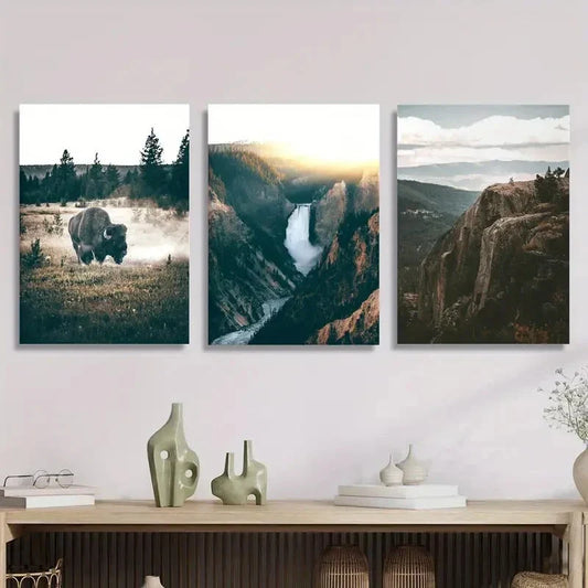 3pcs Bison & Scenic Waterfalls, Yosemite Grand Metal Print Ready to Hang Art