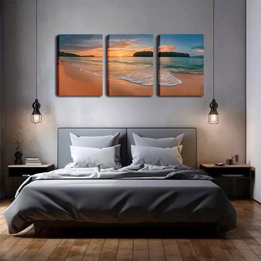 3pcs Sunset on The Beach, Beautiful Wall Art Set Canvas Framed 40x60cm - High Quality Print 100% Australian Made Wall Canvas Ready to Hang