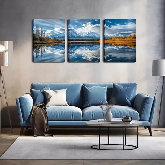 3pcs Landscape Painting with Lake and Blue Sky Wall Art Set Canvas Framed 40x60cm - High Quality Print 100% Australian Made Wall Canvas Ready to Hang