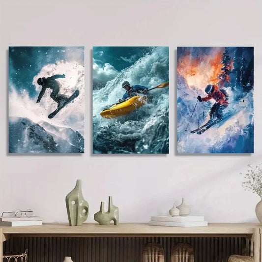 3pcs Skiing and kayaking surfing art Metal Print Ready to Hang Art