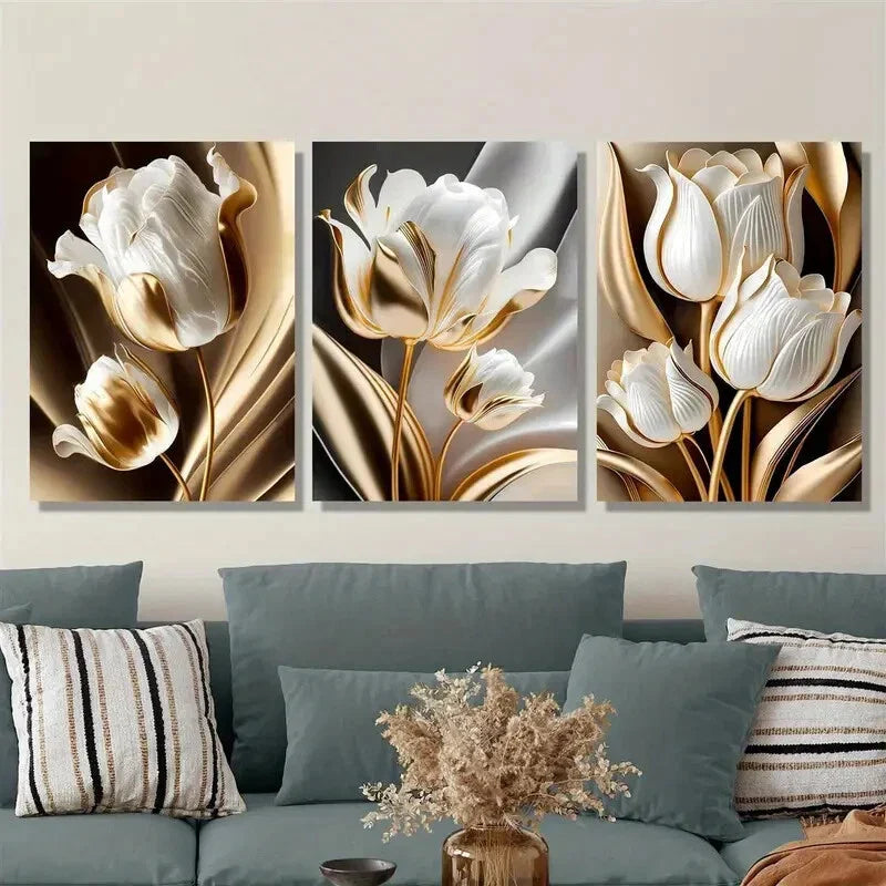 3pcs white flowers, Golden-edged tulips Metal Print Ready to Hang Art