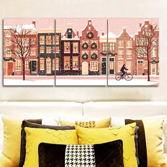 3pcs Winter Holiday Scene with Snowy Rooftops Wall Art Set Canvas Framed 40x60cm - High Quality Print 100% Australian Made Wall Canvas Ready to Hang