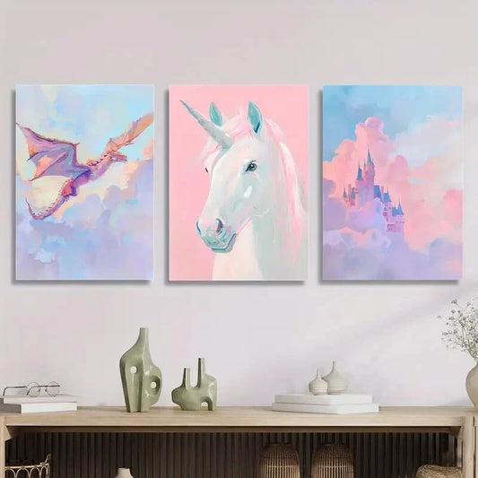 3pcs pink dragon painting, pink unicorn, pink Metal Print Ready to Hang Art