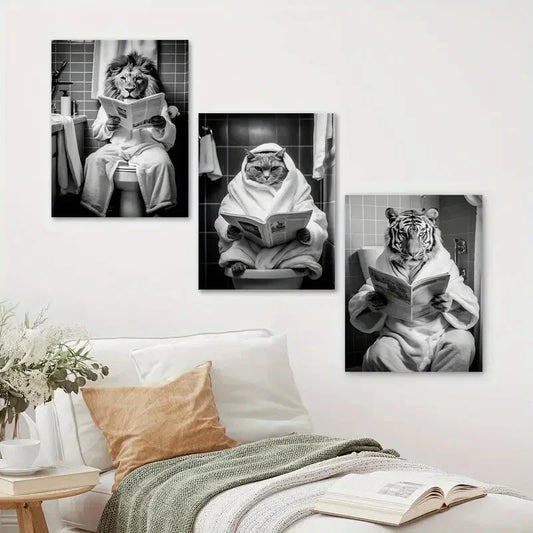 3pcs Funny Tiger Cat & Lion Sitting on Toilet Metal Print Ready to Hang Art