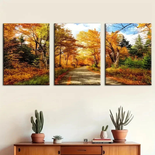 3pcs Autumn Forest Canvas Vibrant Fall Scenery Art Metal Print Ready to Hang Art