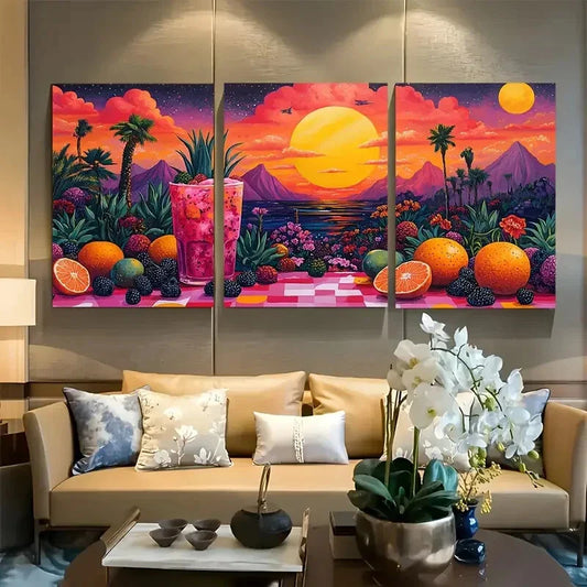 3pcs Vibrant Tropical Sunset Palm Trees Ocean Wave Metal Print Ready to Hang Art