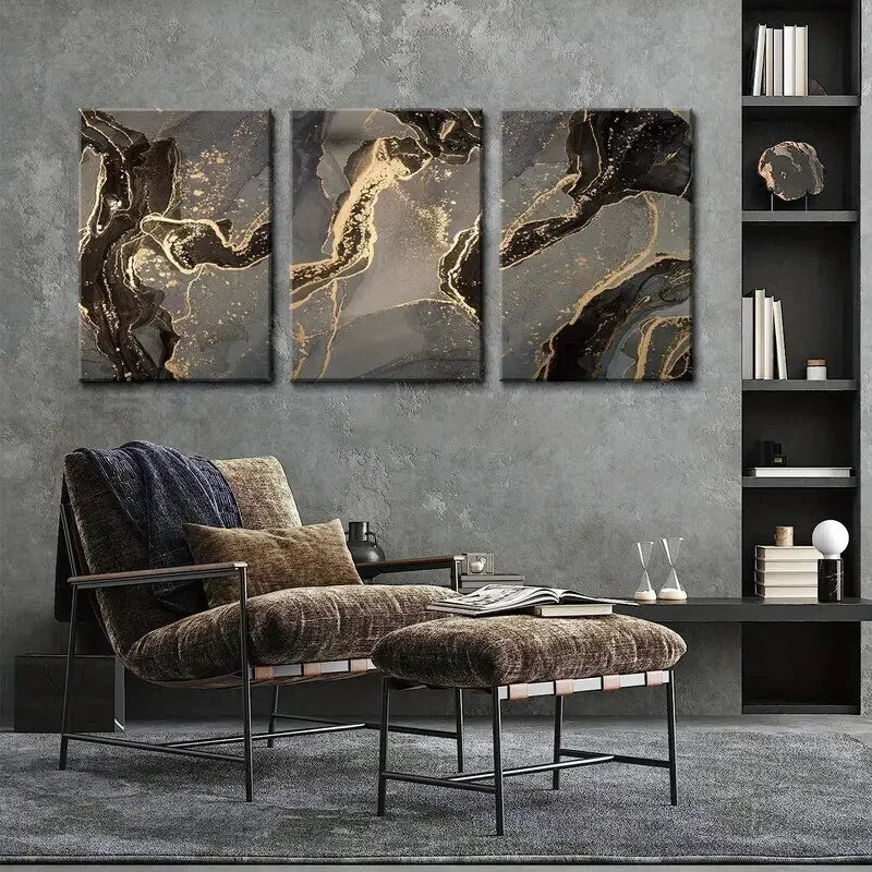 3pcs Abstract Black and Gold Metal Print Ready to Hang Art