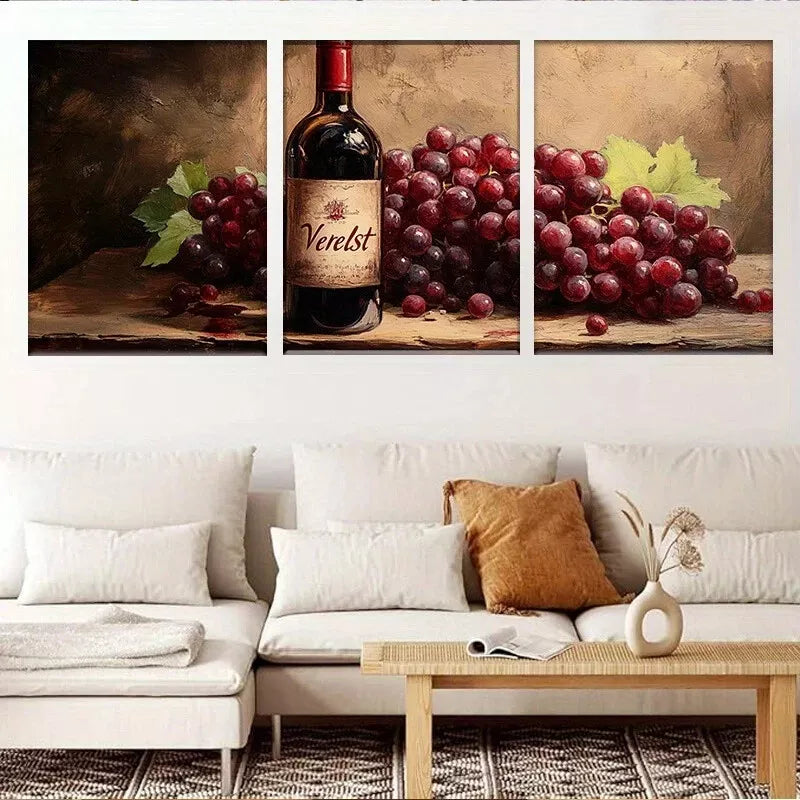 3pcs Wine Bottle and Grapes Rustic Kitchen Wall Art Set Canvas Framed 40x60cm - High Quality Print 100% Australian Made Wall Canvas Ready to Hang