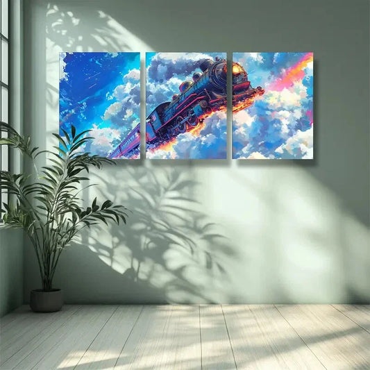 3pcs Train On Sky , A Rainbow Metal Print Ready to Hang Art