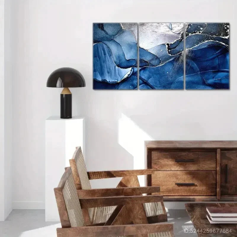 3pcs Blue Abstract Flowing Color Art Decoration Metal Print Ready to Hang Art